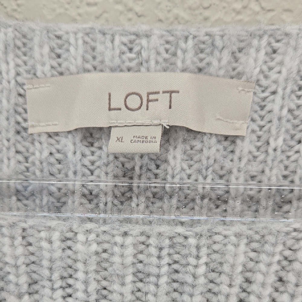 LOFT Heather Light Gray Ribbed Scoopneck Balloon Sleeve Sweater Size XL - Picture 2 of 6
